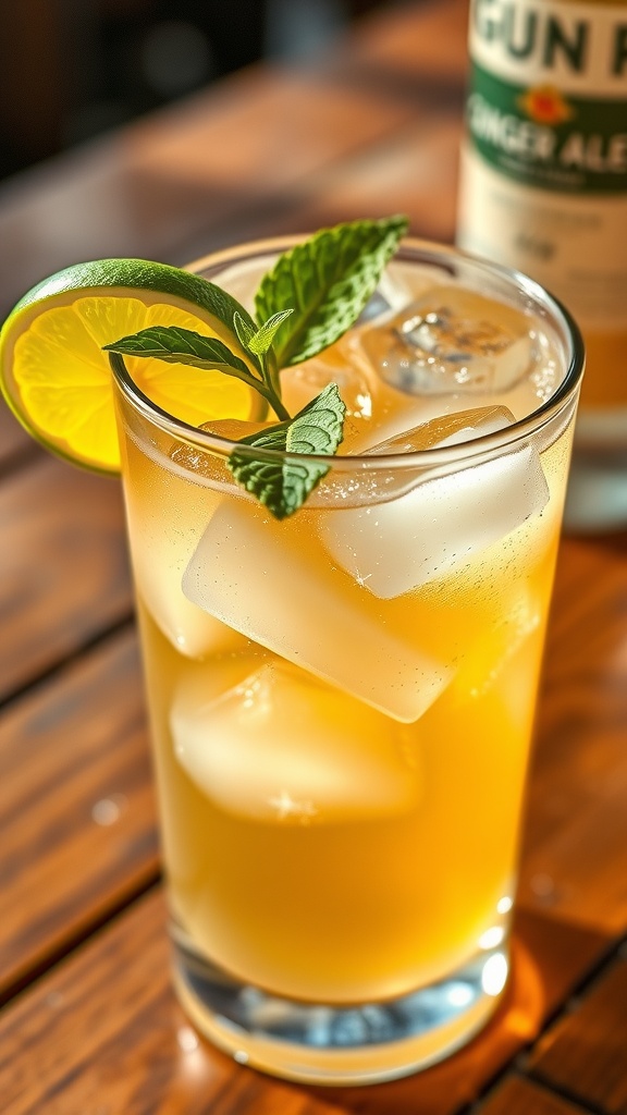 A refreshing ginger ale and gin cocktail in a glass with a lime wedge and mint, on a rustic wooden table.